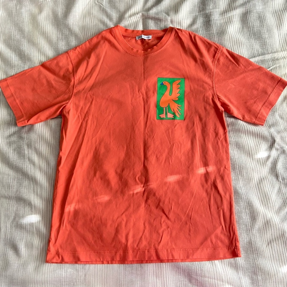 Zara Men's Orange Graphic T-Shirt